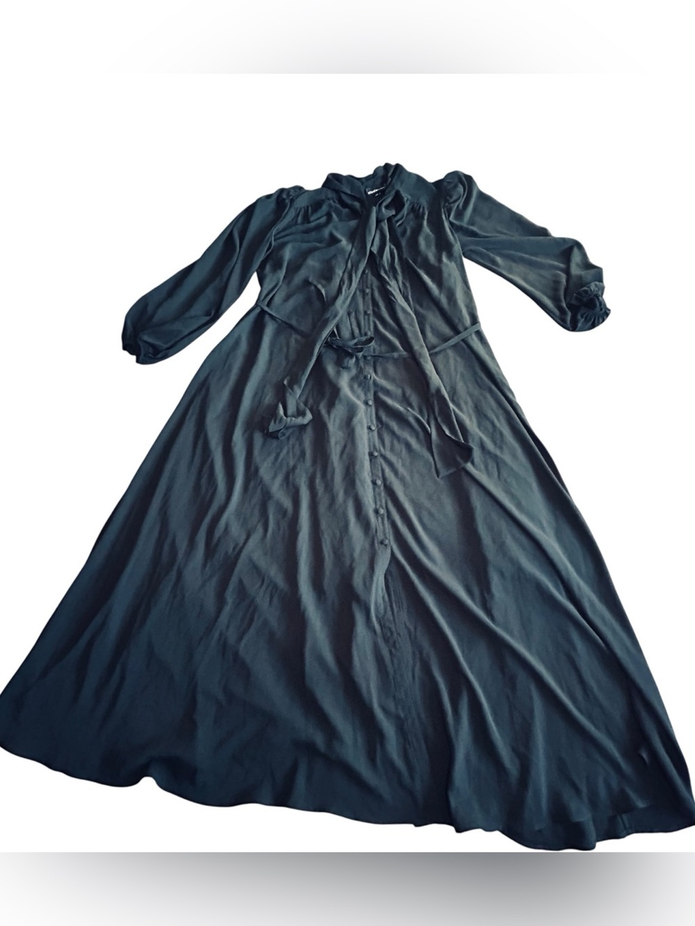 Women’s Long Black Button-Front Tie-Neck Dress